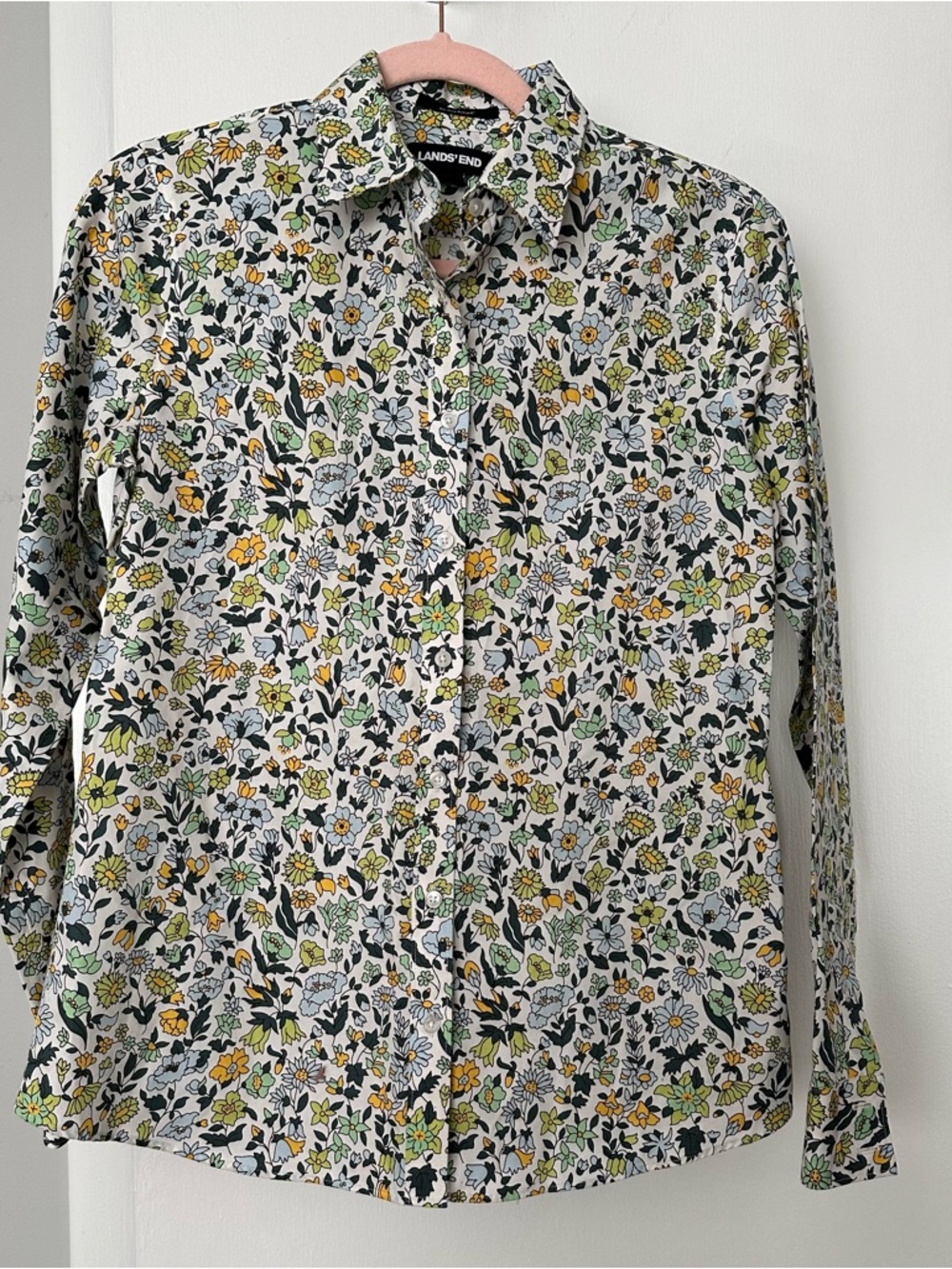 Lands’ End Women’s 2 Green 100% Supima Cotton Floral Button Down Shirt No Iron